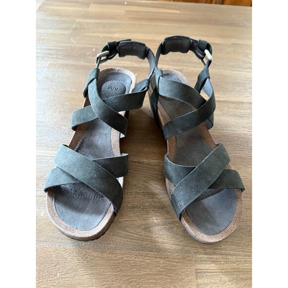 Teva Mahonia Wedge Sandal Size 9 Black Leather Cross Strap Cork Sole - Picture 2 of 6
